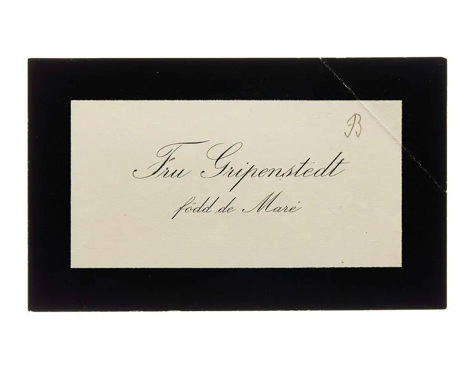 Visitkort från Fru Gripenstedt, f. de Maré.