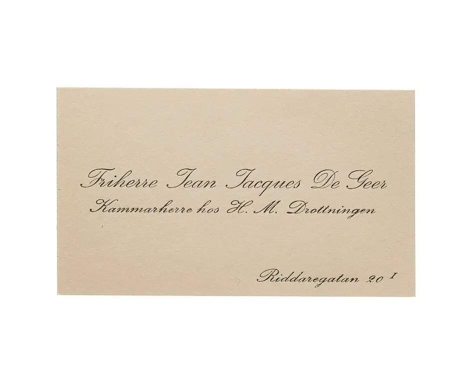 Visitkort från Friherre Jean Jacques De Geer, Kammarherre hos H. M. Drottningen.