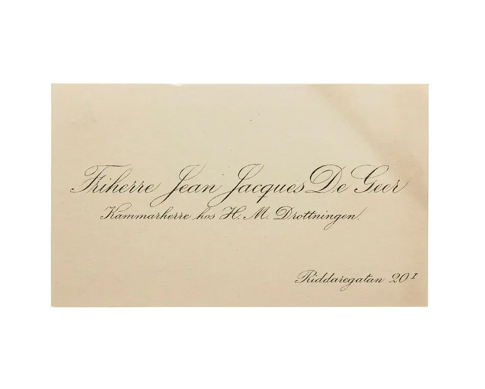 Visitkort från Friherre Jean Jacques De Geer, Kammarherre hos H. M. Drottningen.