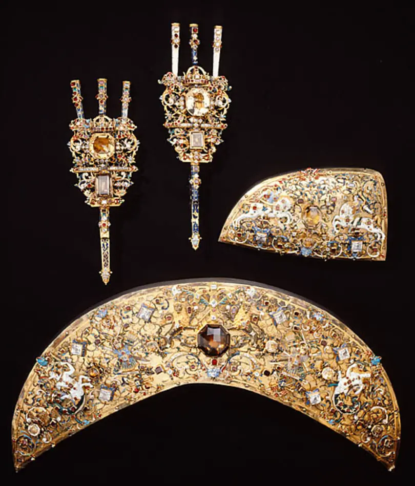 Plymhållare, s.k. ägrett, till Karl IX:s kröningshäst, tillverkad av guldsmeden Ruprecht Miller, Stockholm 1606-1607.