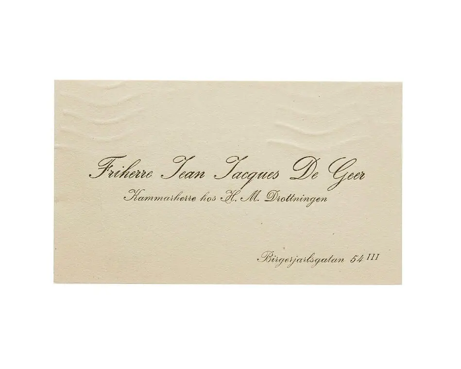 Visitkort från Friherre Jean Jacques De Geer, Kammarherre hos H. M. Drottningen.