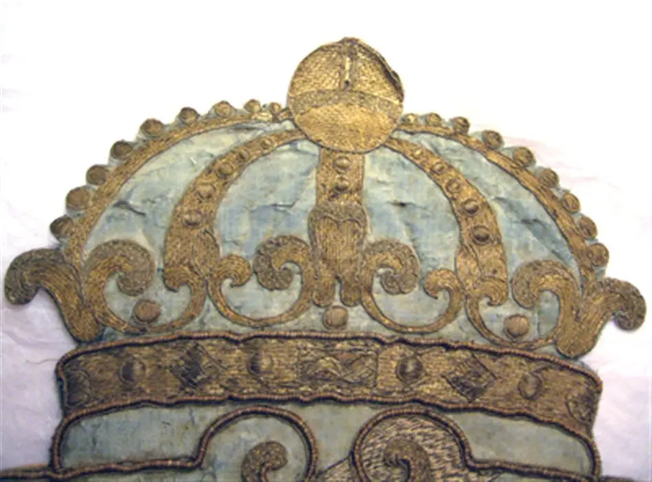 Göta vapen, broderat tillsammans med en serie vapen för schabrak burna av sorgehästarna i Gustav II Adolfs begravning 1633 (1634).