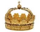Krona av guld, tillhörande Karl X Gustavs begravningsregalier, bestående av krona, riksäpple, spira, riksnyckel, värjknapp, parerstång och guldtrådsnystan.
