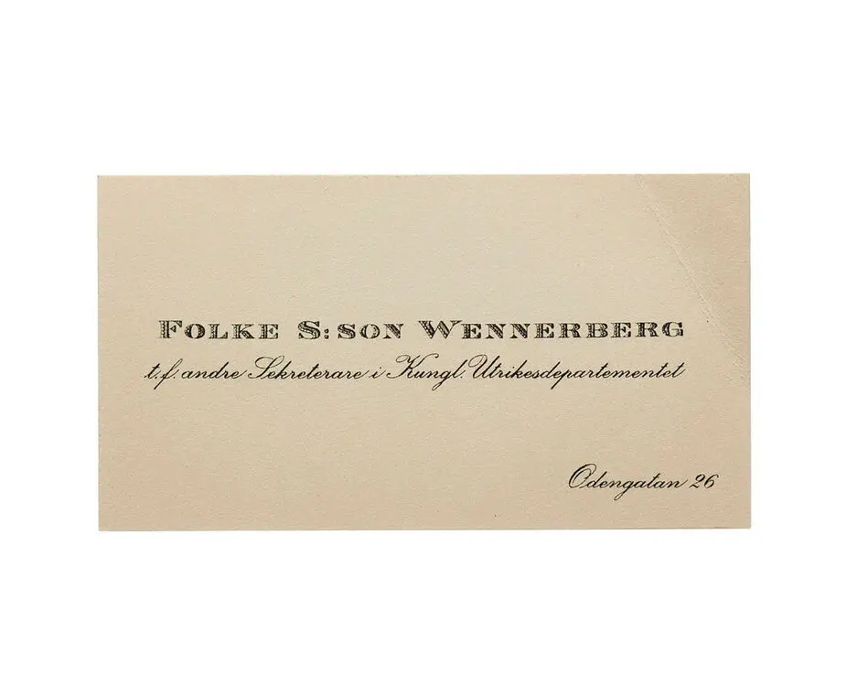 Visitkort från Folke S:son Wennerberg, underlöjtnant i Kungl. Svea art. reg:tes reserv