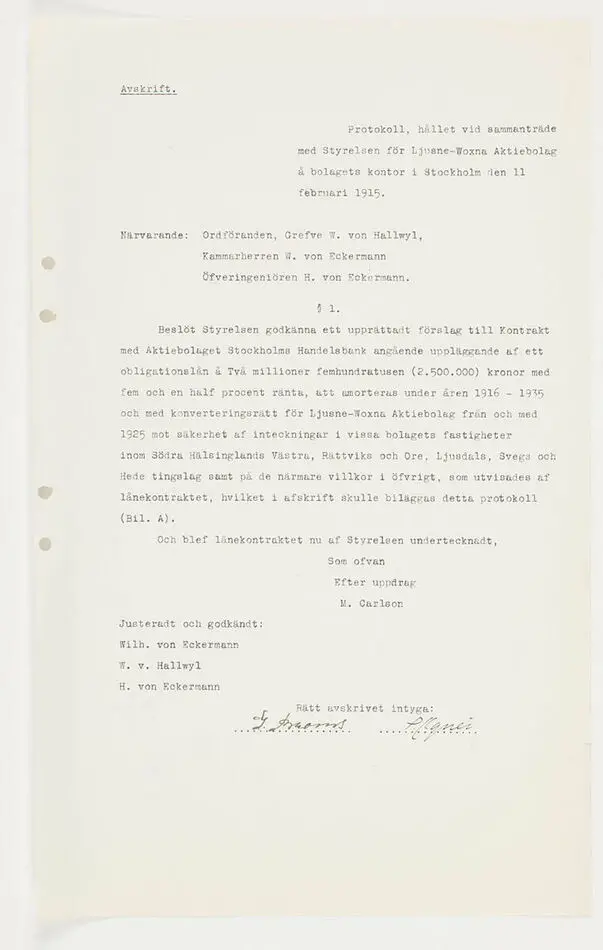 Affärshandlingar rörande Ljusne-Voxna AB.
