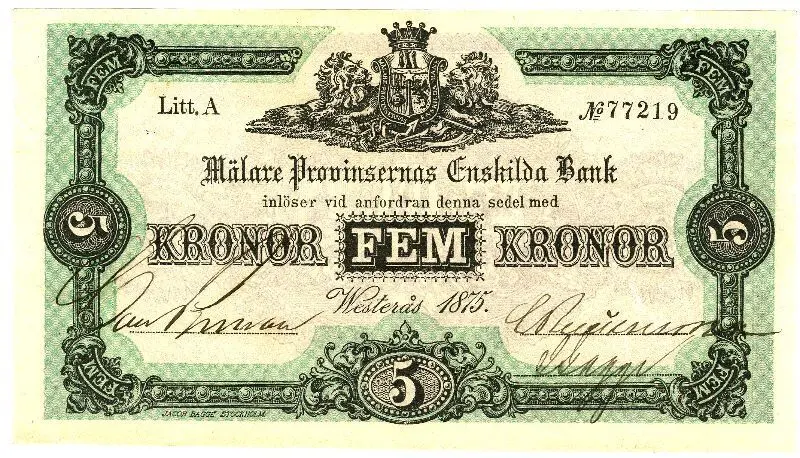 Mälare Provinsernas Enskilda Bank - Fem kronor