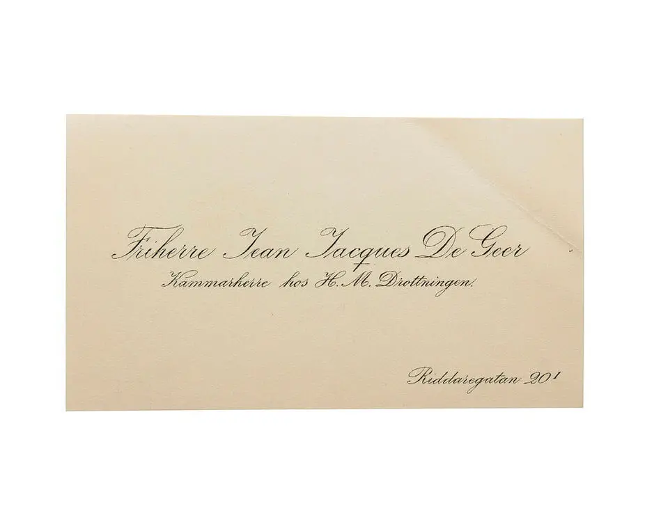 Visitkort från Friherre Jean Jacques De Geer, Kammarherre hos H. M. Drottningen.