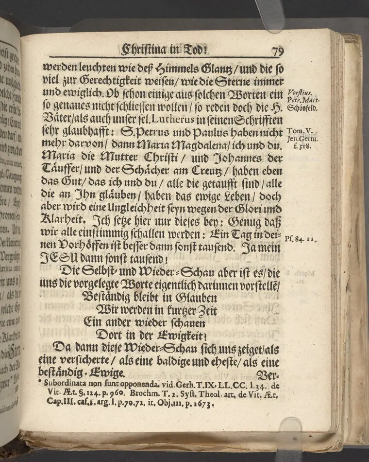 Christina in Leben/ Christina in Tod! Das ist Frühe doch lieb-volle Segen-Letze/ trauer-benehmende Trost-Letz/ und hoffnungs-volle Glaubens-Letze/ der weyland wohl-ehrbarn und gross-ehren tugendreichen Frauen Fr. Christina Grönin, gebornen Scharen-Bergin, desz wohl-ehren-vesten, grosz-achtbaren auch wohl-fürnehmen Herren Werner Gröns/ vornehmen Kauf-und Handels-Herren in hiesiger Königl. Residenz-Stadt Stockholm Herz-geschätzen Ehe-Gattin/ als deren verblichener Leichnam den 8 Maj-Monats, laufenden 1698-sten Heil-Jahrs, in Maria Magdalena Kyrch bey so wohl hoher/ als sonst ungemeiner Versamlung/ zur sanfften Erden-Ruh gebracht wurde/ zu inniger Trost-fasung vorgestellet von Johann Jacob Leibniz/ der h. Schrifft D. der löbl. Teutsschen Gemeine Past. und Consist. Assess. Stockholm/ Gedrucht bey Henrich Keysern/ J.K.Maejest: und der Acad. in Ups. Buchdrucker