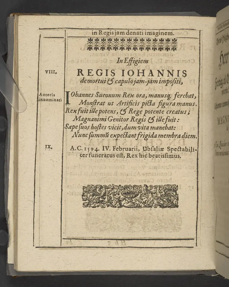 Agon regius, konglige Majesteetz till Swerige etc. H. Johans III... dödzkamp... Anteknat förste gången... på latiniskt språk... Dn. Jona Petri Nericio... Men nu... besmyckiat... medh Threnodia dramatica och... Drotningz Gunilæ epithaphijs... ich en... oration om... konungens... leffwerne... authore, Sylvestro Johan. Phrygio... Holmiæ A.C. 1620.