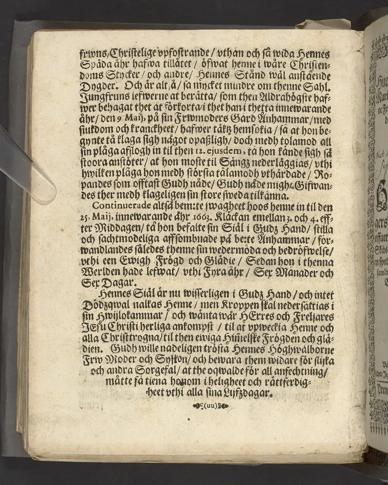 En Christeligh Lijkpredikan öfwer then ädle och högwälborne jungfru, I. Ebba Catharina Bonde, bohren frijherre Dotter till Laihela, jungfru till Bordsjö, Impseholm och Springestadh. Tå hennes salige lekamen, medh tilbörligh ehre- och lijk process bleff nedersatt i sin sahl. herrfaders graff och hwijlokammar vthi Kährbo sockne kyrcklia 27. julij, 1663. Hållen ther sammastädes aff D. Oluff Laurelio ..