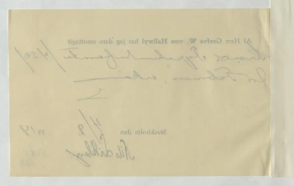 Kvitto gällande pengatransaktion mellan Walther von Hallwyl och Nils Lithberg