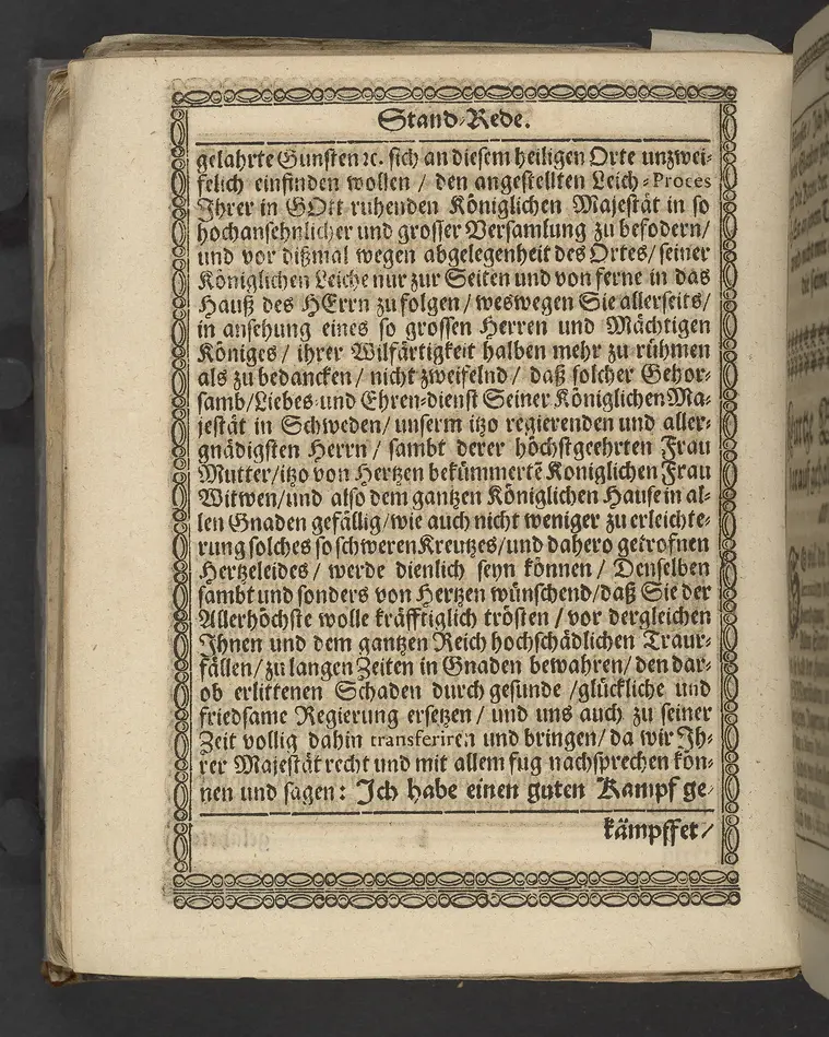 Lob eines rechtschaffenen, auszgeübeten und consummaten Königs, insonderheit aber des nunmehr in Gott ruhenden Carll Gustaffs der Schweden, Gothen und Wenden Königes ... zu vollführung derer in Alten Stettin angestellten Leich-Procession, in der Schloszkirche daselbst in einer Stand-Rede ... vorgestellet, von Ludovico Jacobi ... Mit kurtzer Beschreibung desselben Leich Conduicts, und dabey gepflogenen Solennitäten.