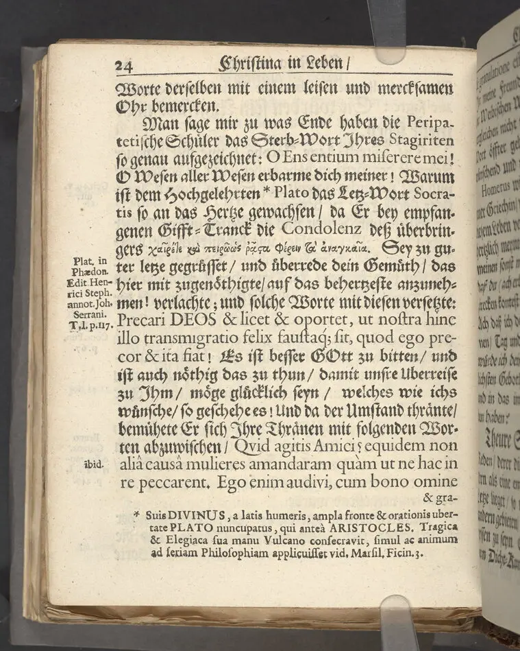 Christina in Leben/ Christina in Tod! Das ist Frühe doch lieb-volle Segen-Letze/ trauer-benehmende Trost-Letz/ und hoffnungs-volle Glaubens-Letze/ der weyland wohl-ehrbarn und gross-ehren tugendreichen Frauen Fr. Christina Grönin, gebornen Scharen-Bergin, desz wohl-ehren-vesten, grosz-achtbaren auch wohl-fürnehmen Herren Werner Gröns/ vornehmen Kauf-und Handels-Herren in hiesiger Königl. Residenz-Stadt Stockholm Herz-geschätzen Ehe-Gattin/ als deren verblichener Leichnam den 8 Maj-Monats, laufenden 1698-sten Heil-Jahrs, in Maria Magdalena Kyrch bey so wohl hoher/ als sonst ungemeiner Versamlung/ zur sanfften Erden-Ruh gebracht wurde/ zu inniger Trost-fasung vorgestellet von Johann Jacob Leibniz/ der h. Schrifft D. der löbl. Teutsschen Gemeine Past. und Consist. Assess. Stockholm/ Gedrucht bey Henrich Keysern/ J.K.Maejest: und der Acad. in Ups. Buchdrucker