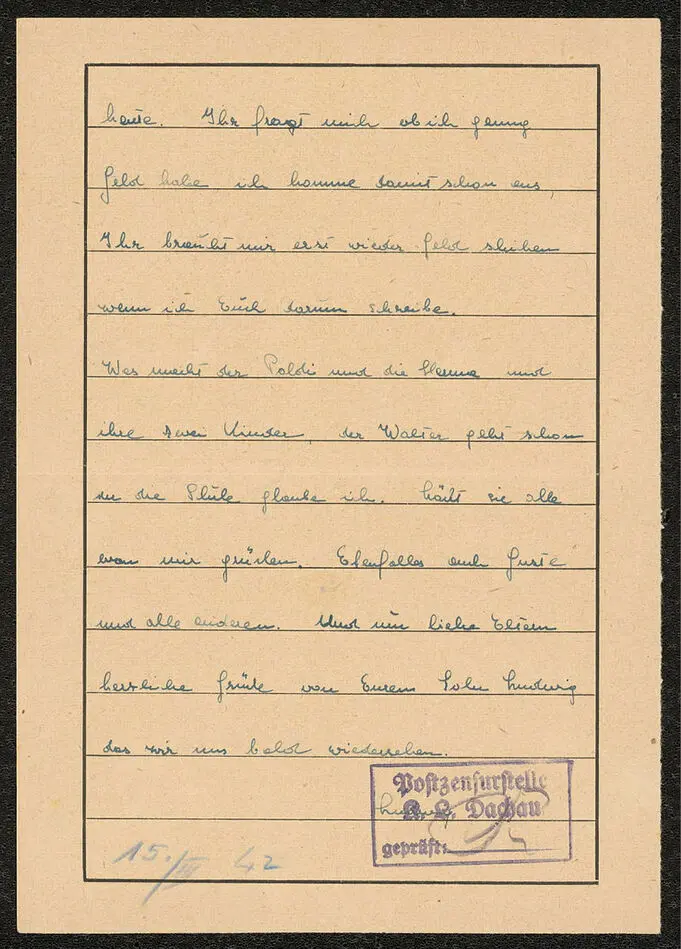 Brev från Ludwig i koncentrationslägret Dachau 3K 1942-03-15