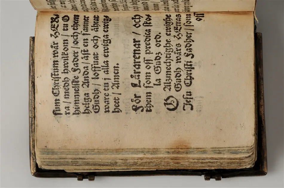Bönbok, titel: "Någhra gudeligha böner utdragna aff then helga scrifft", tryckt hos Amund Laurentzon, Stockholm 1559.