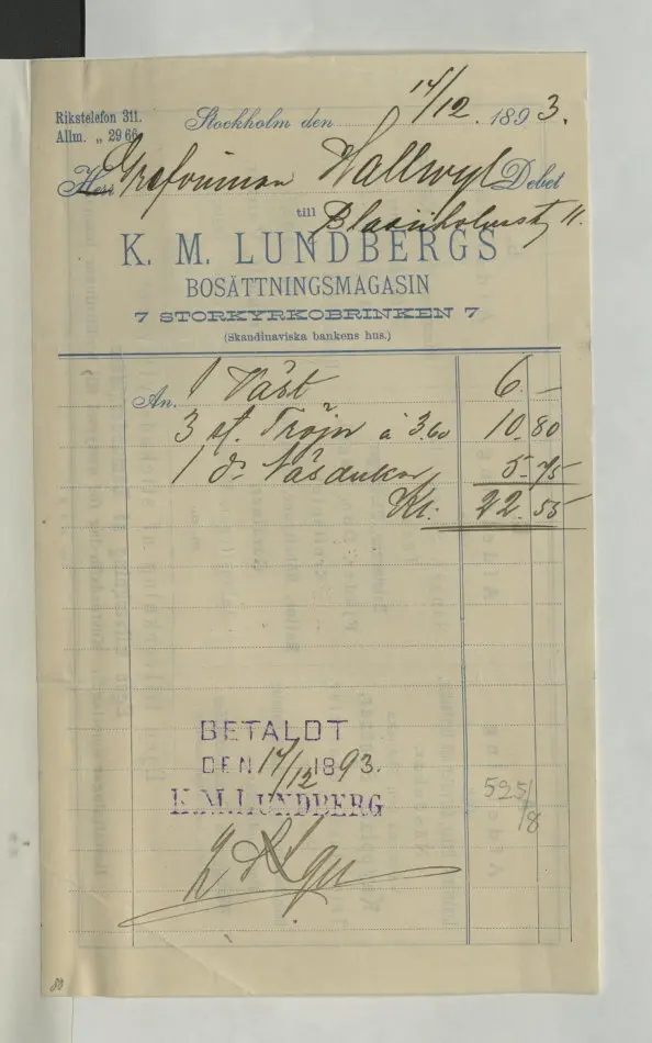 Bild på Kvitto från K.M Lundberg, garnbod, 1893