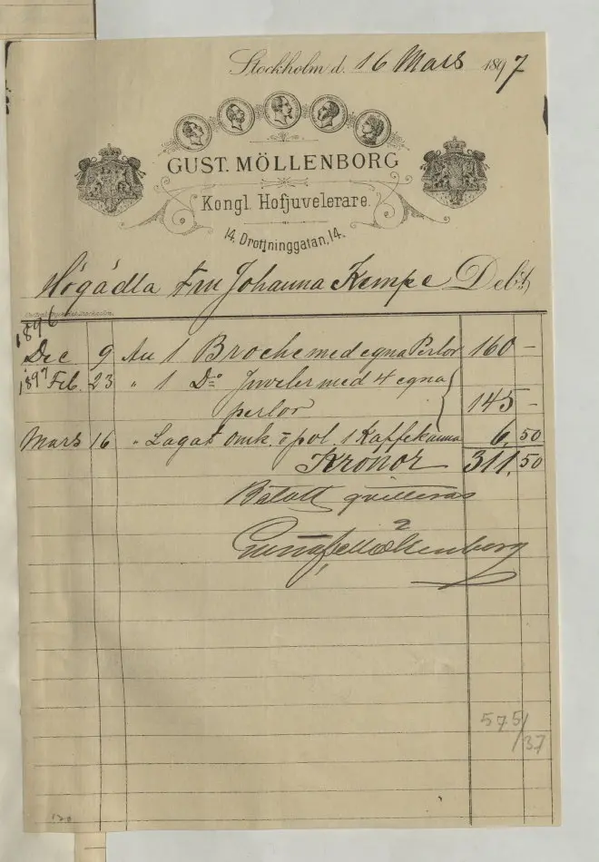 Bild på Kvitto från Gustaf Möllenborg, Juvelerare, 1897