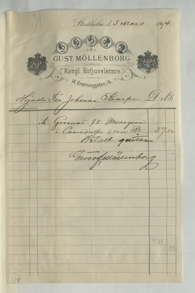 Bild på Kvitto från Gustaf Möllenborg, Juvelerare, 1874