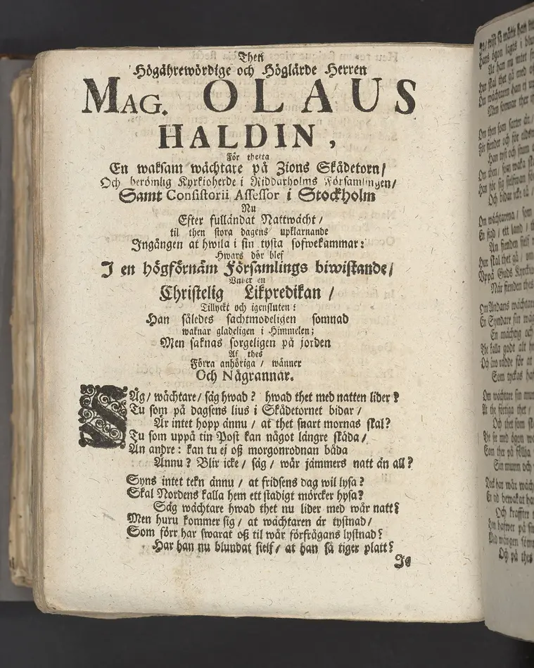 Guds barnas förträffeligste sälhet, at i lif och död blij påtänkt af sin Gud, i anledning af Nehem. XIII. 31. Uti en christelig lijkpredikan öfwer fordom högährewyrdige ... Olaus Haldin berömlig kyrkoherde wid kongl. Riddarholms församlingen i Stockholm, samt consistorii ecclesiastici dersammastädes assessor, när des andelöse lekamen uti bemelte kyrkia den 1. octob. MDCCXIII. til sin graf beledsagad blef, förestäld af ... Gustaf Adolph Humble. Stockholm, tryckt uti kongl. boktryckerij, och med egen bekostnad uplagd af Joh. Henr. Werner. 1714.