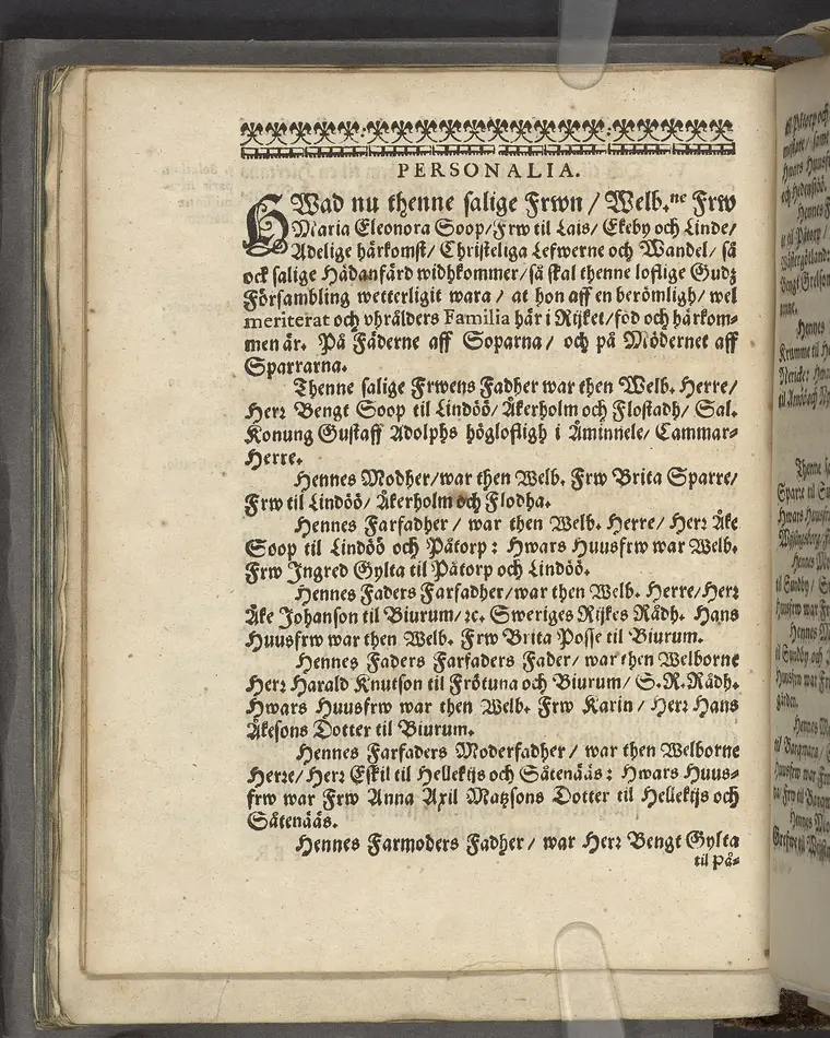 Lijkpredikan, öfwer then ädle och welborne frwen, Frw Maria Eleonora Soop, frw til Lais, Ekeby och Linde ... vthi Käreboos socknekyrckia, then 13. Septemb. åhr 1652. Hållen ther sammastädes aff Olavo Laurelio ... Tryckt vthi Wästeråås aff Euchario Lauringer, anno mDCLII.