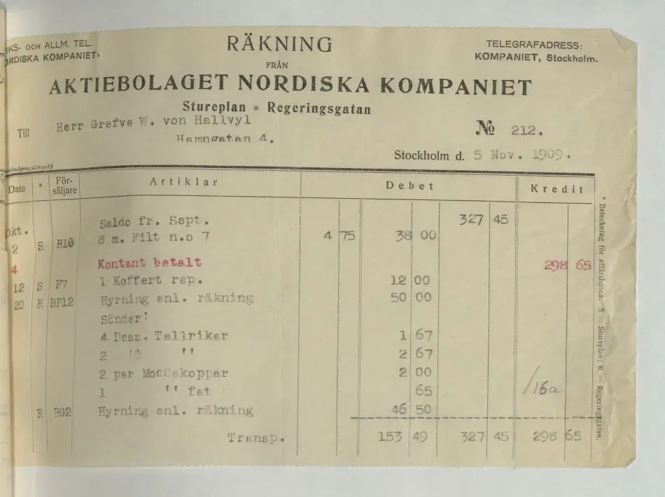 Bild på Kvitto från Aktiebolaget Nordiska Kompaniet, 1909