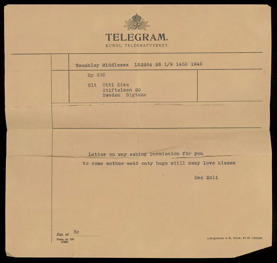 Bild på Telegram från Dea Zoli till Otti Kiss 1945-09-01