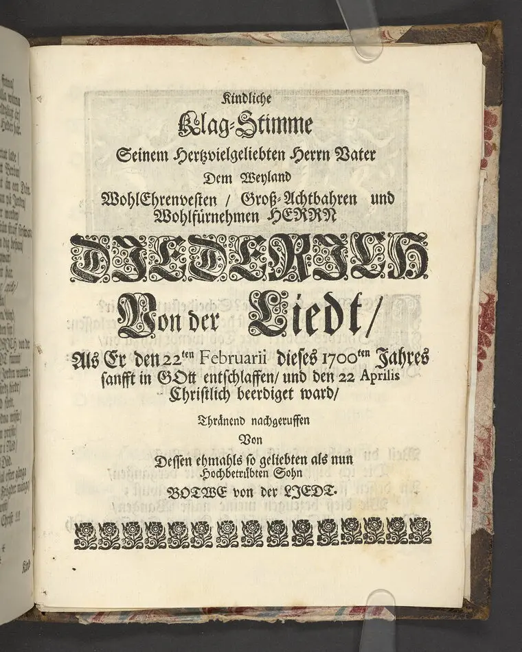 Der wohlbelohnte Gerechte, als der Weyland wohl-ehrenveste ... Diedrich von der Liedt, wohlbenahmter Kauff- und Handels-Mann in dieser königlichen Residentz-Stad Stockholm, und der hiesigen löblichen deutschen Kirchen wohlverordneter Eltester und Vorsteher, den 22. April, im Jahr Christi 1700. in der St. Nicolai Kirchen, bey volckreicher Versamlung, ansehnlich zur Erden bestetiget worden, fürgestellet aus dem 16. und 17. Versickeln des 5. Capitels des Buchs der Weiszheit, von M. Ægidio Strauchen ... Stockholm, gedruckt bey Olao Enæo, königl. Antiq. Arch. Buchdr.
