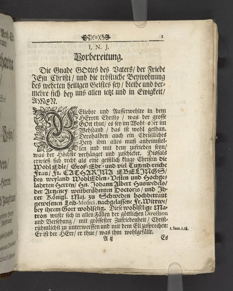Die christruhmlichste Zufriedenheit, bey hoch-adelicher Beerdigung, an der ... Fr. Catharina Ebelings, des ... Hrn. Johann Albert Huswedels ... Fr. Wittwen, welche im Jahr 1693 ... den 26 Septembr ... in der Soldenauischen Kirchen, zu ihrer Ruhe-Stätte gebracht worden ... Fürgestellet von M. Aegidio Strauchen ... Stockholm, gedruckt bey Johan Billingsley.