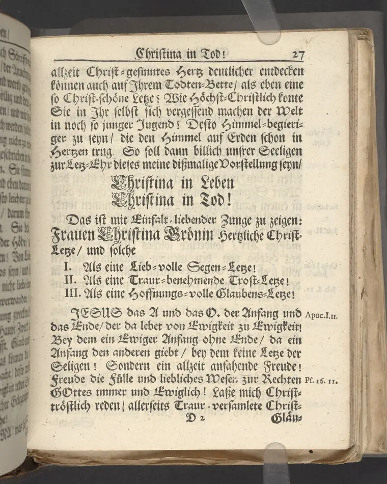 Christina in Leben/ Christina in Tod! Das ist Frühe doch lieb-volle Segen-Letze/ trauer-benehmende Trost-Letz/ und hoffnungs-volle Glaubens-Letze/ der weyland wohl-ehrbarn und gross-ehren tugendreichen Frauen Fr. Christina Grönin, gebornen Scharen-Bergin, desz wohl-ehren-vesten, grosz-achtbaren auch wohl-fürnehmen Herren Werner Gröns/ vornehmen Kauf-und Handels-Herren in hiesiger Königl. Residenz-Stadt Stockholm Herz-geschätzen Ehe-Gattin/ als deren verblichener Leichnam den 8 Maj-Monats, laufenden 1698-sten Heil-Jahrs, in Maria Magdalena Kyrch bey so wohl hoher/ als sonst ungemeiner Versamlung/ zur sanfften Erden-Ruh gebracht wurde/ zu inniger Trost-fasung vorgestellet von Johann Jacob Leibniz/ der h. Schrifft D. der löbl. Teutsschen Gemeine Past. und Consist. Assess. Stockholm/ Gedrucht bey Henrich Keysern/ J.K.Maejest: und der Acad. in Ups. Buchdrucker