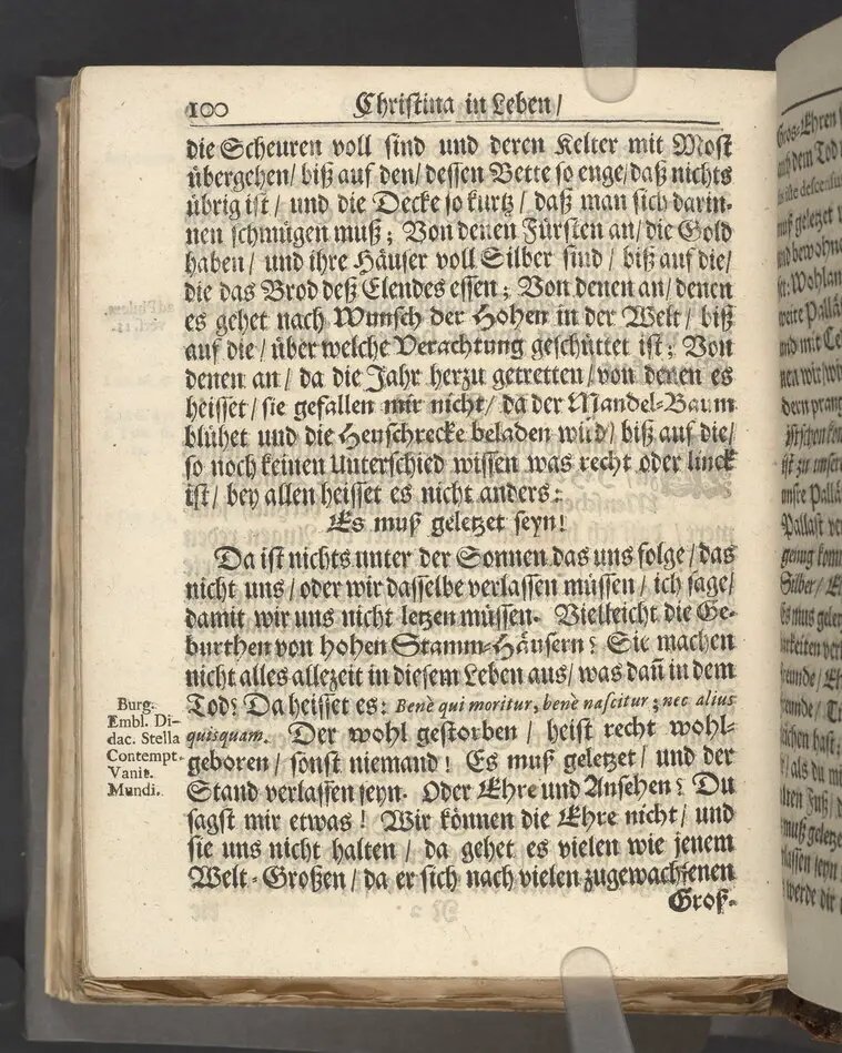 Christina in Leben/ Christina in Tod! Das ist Frühe doch lieb-volle Segen-Letze/ trauer-benehmende Trost-Letz/ und hoffnungs-volle Glaubens-Letze/ der weyland wohl-ehrbarn und gross-ehren tugendreichen Frauen Fr. Christina Grönin, gebornen Scharen-Bergin, desz wohl-ehren-vesten, grosz-achtbaren auch wohl-fürnehmen Herren Werner Gröns/ vornehmen Kauf-und Handels-Herren in hiesiger Königl. Residenz-Stadt Stockholm Herz-geschätzen Ehe-Gattin/ als deren verblichener Leichnam den 8 Maj-Monats, laufenden 1698-sten Heil-Jahrs, in Maria Magdalena Kyrch bey so wohl hoher/ als sonst ungemeiner Versamlung/ zur sanfften Erden-Ruh gebracht wurde/ zu inniger Trost-fasung vorgestellet von Johann Jacob Leibniz/ der h. Schrifft D. der löbl. Teutsschen Gemeine Past. und Consist. Assess. Stockholm/ Gedrucht bey Henrich Keysern/ J.K.Maejest: und der Acad. in Ups. Buchdrucker