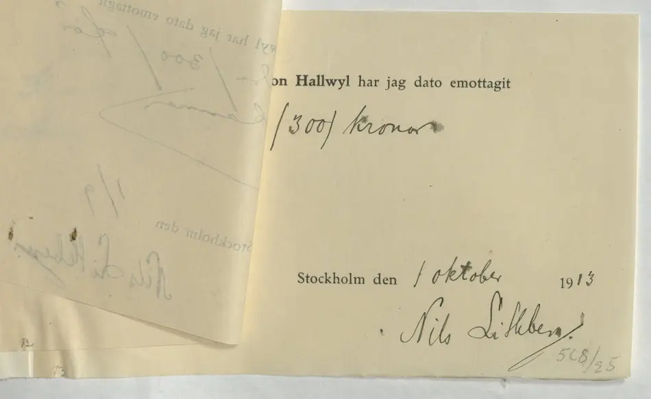 Bild på Kvitto gällande pengatransaktion mellan W. von Hallwyl och Nils Lithberg