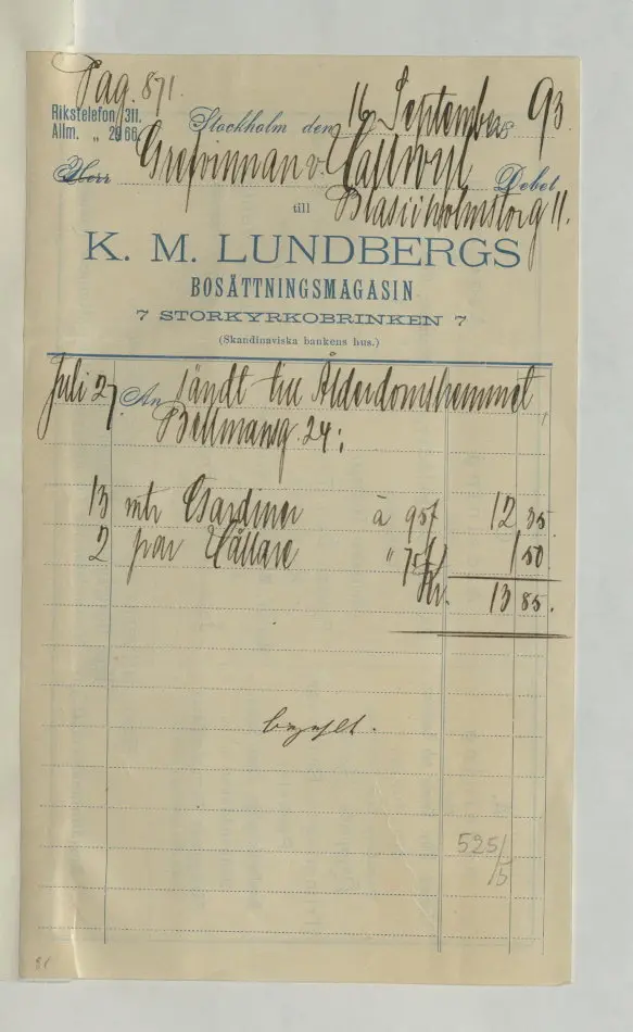 Bild på Kvitto från K.M Lundberg, garnbod, 1893