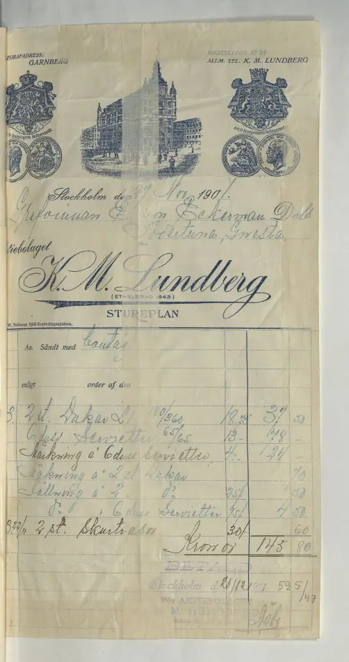 Bild på Kvitto från K.M Lundbergs Aktiebolag, Stureplan
