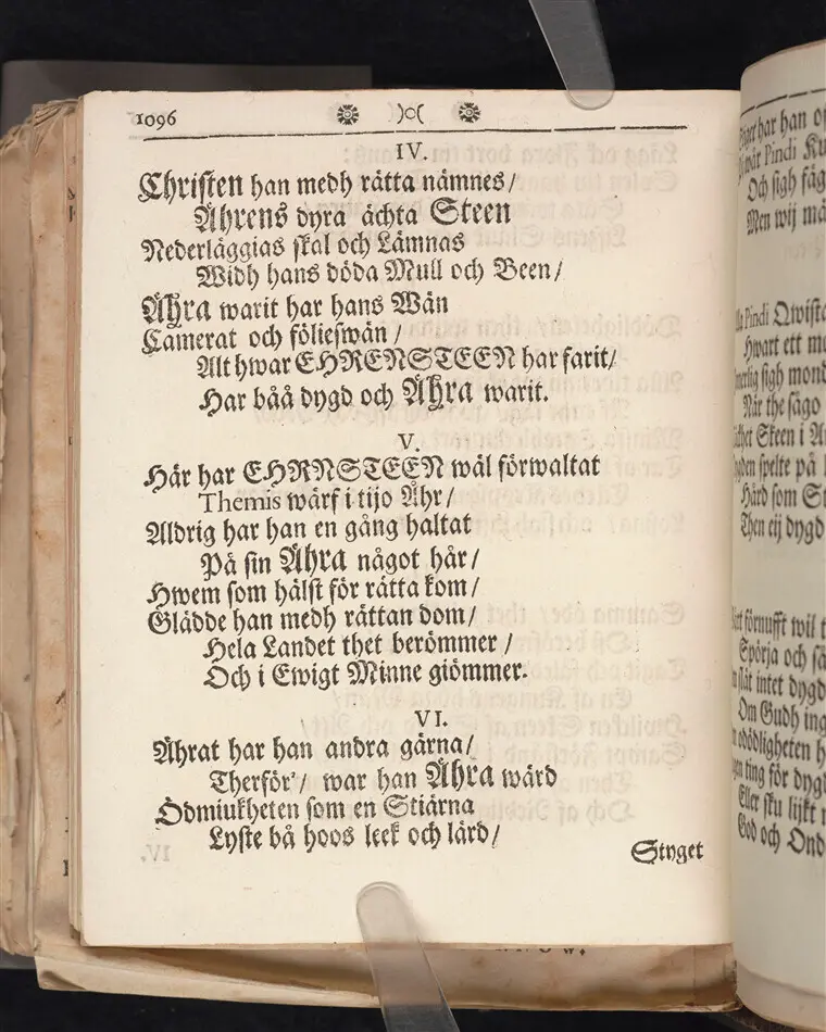  EEn rättsinnig Christens lijfs och döds ähre-minne/ Tå/ för thetta/ hans Kongl. May:tz tromans/ och högtberömlig lagmans öfwer hertigdöm: Skåne och Blekingen/ Then högwälborne baronens Hr. Lars Erensteens döda lekamen/ uthi många höga och förnäma personers närwaro/ medh wanlige kyrckio ceremonier, i jorden/ uthi S. Jacobs kyrckia i Stockholm/ nedersattes/ och samma högtansenliga begrafningz-act, medh wederbörlig åminnelse/ sedermera wid Kongl. Carolinska Academien, blef wördat/ I skyldigst och redobognast ihågkommelse/ Wälment i hast framstält/ och utdelt widh Parentation af en/ ibland/ Högwälborne Sal. Baronens och Lagmans/ i des lifstid/ trogna och redeliga wördare I. Lund.