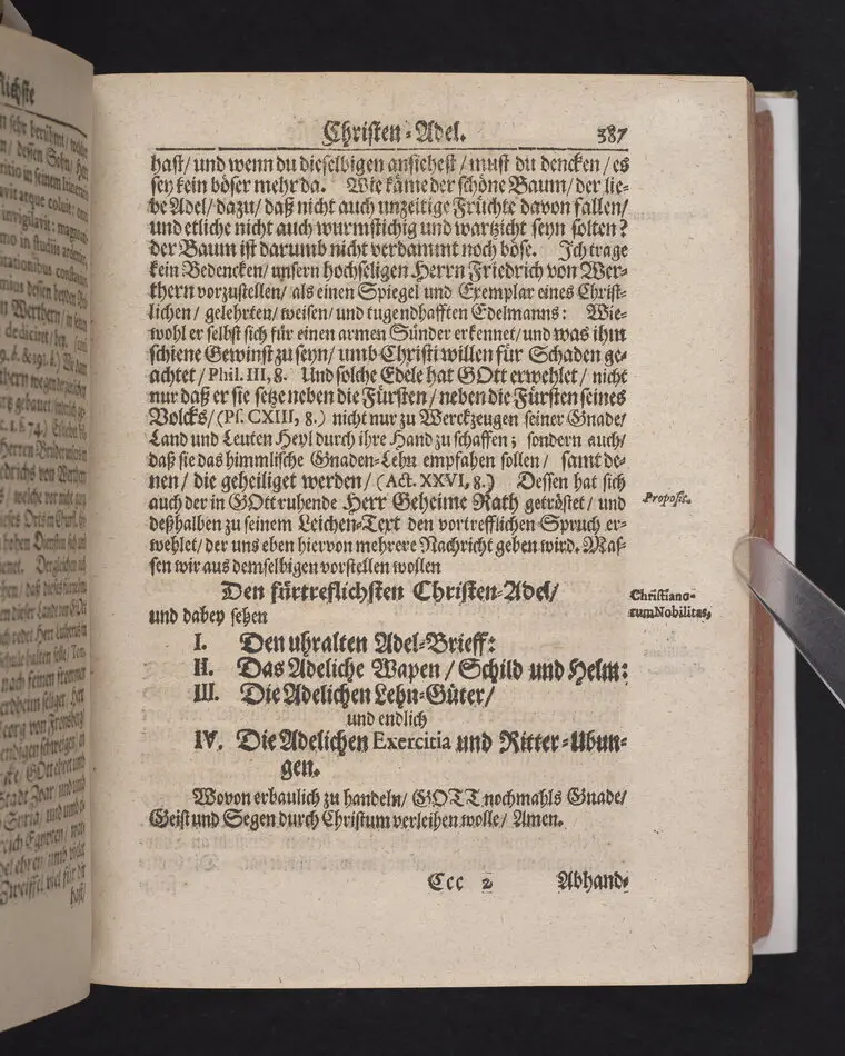 Der Vortrefflichste Christen-Adel/ In einer Christlichen Leichen-Predigt/ Tages vorher/ ehe Des ... Herrn Friedrichs von Werthern ... Der Röm. Käyserl. Maj. und des Heil. Röm. Reichs Erb-Cammer-Thürhüters .. Am 21. Decembr. 1686. Selig-verblichener Leichnam von Dreßden aus nacher Cölleda ... zu seinem Erb-Begräbnüß gebracht zu werden/ abgeführet worden.