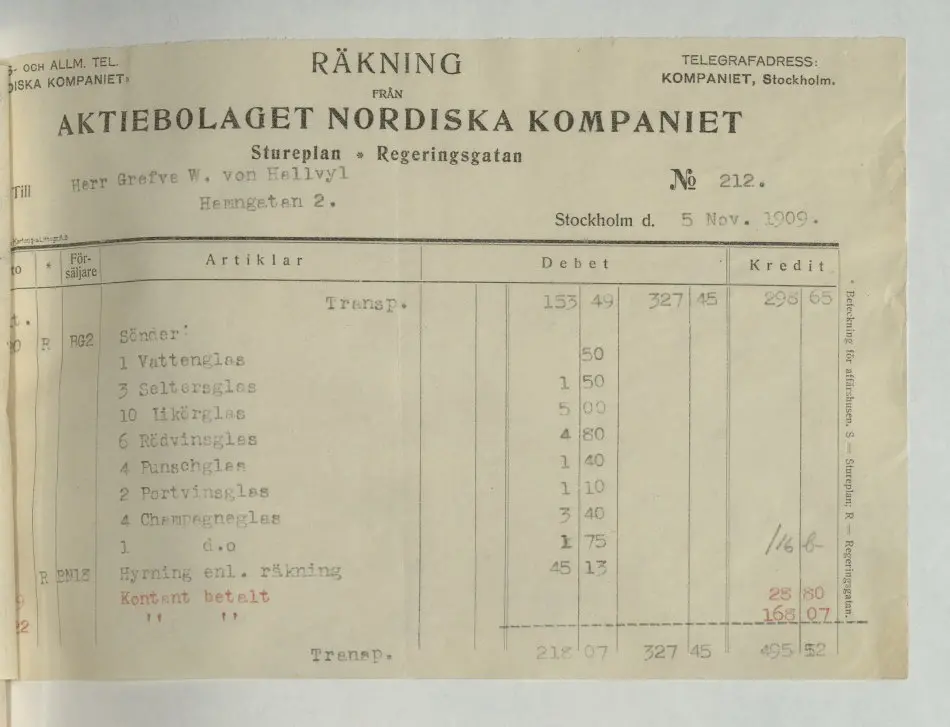 Kvitto från Aktiebolaget Nordiska Kompaniet, 1909