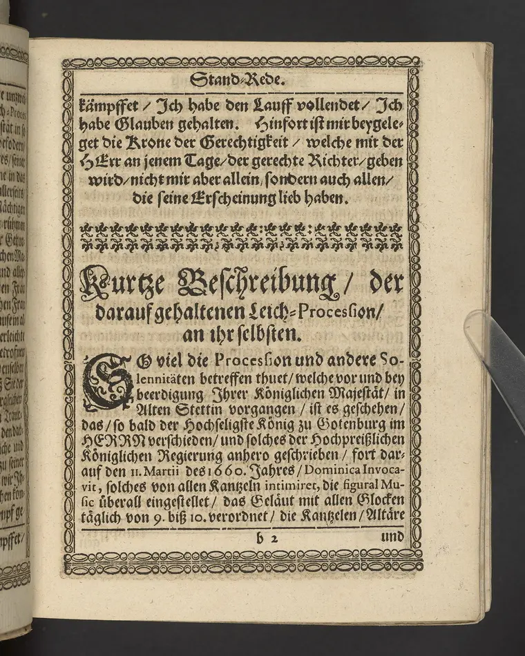 Lob eines rechtschaffenen, auszgeübeten und consummaten Königs, insonderheit aber des nunmehr in Gott ruhenden Carll Gustaffs der Schweden, Gothen und Wenden Königes ... zu vollführung derer in Alten Stettin angestellten Leich-Procession, in der Schloszkirche daselbst in einer Stand-Rede ... vorgestellet, von Ludovico Jacobi ... Mit kurtzer Beschreibung desselben Leich Conduicts, und dabey gepflogenen Solennitäten.