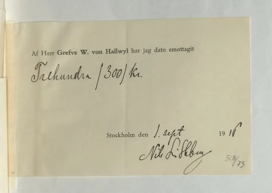 Bild på Emottagande av arvode gällande Nils Lithberg, 1916