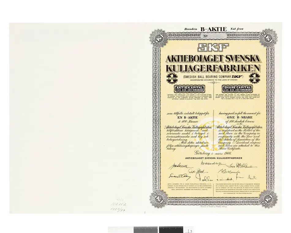 Bild på SKF Aktiebolaget Svenska Kullagerfabriken - En B-aktie a´100 Kronor