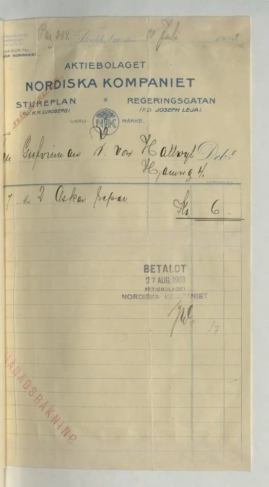 Bild på Kvitto från Aktiebolaget Nordiska Kompaniet, 1903