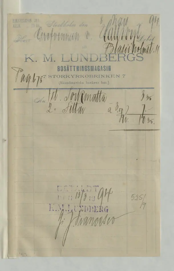 Bild på Kvitto från K.M Lundberg, garnbod, 1894