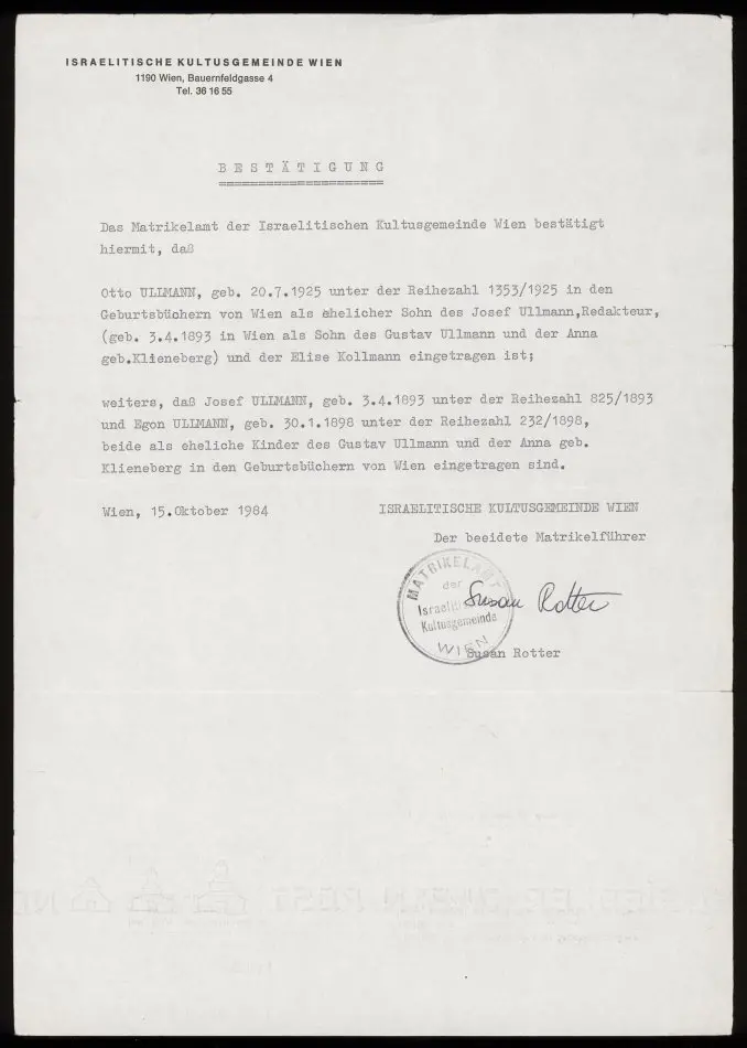 Bild på Officiellt brev från Israelitiska samfundet i Wien 1984-10-15 (församlingen)