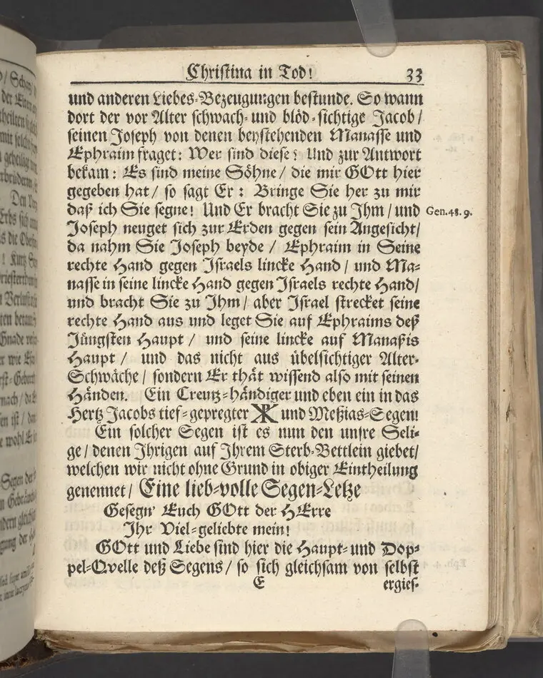 Christina in Leben/ Christina in Tod! Das ist Frühe doch lieb-volle Segen-Letze/ trauer-benehmende Trost-Letz/ und hoffnungs-volle Glaubens-Letze/ der weyland wohl-ehrbarn und gross-ehren tugendreichen Frauen Fr. Christina Grönin, gebornen Scharen-Bergin, desz wohl-ehren-vesten, grosz-achtbaren auch wohl-fürnehmen Herren Werner Gröns/ vornehmen Kauf-und Handels-Herren in hiesiger Königl. Residenz-Stadt Stockholm Herz-geschätzen Ehe-Gattin/ als deren verblichener Leichnam den 8 Maj-Monats, laufenden 1698-sten Heil-Jahrs, in Maria Magdalena Kyrch bey so wohl hoher/ als sonst ungemeiner Versamlung/ zur sanfften Erden-Ruh gebracht wurde/ zu inniger Trost-fasung vorgestellet von Johann Jacob Leibniz/ der h. Schrifft D. der löbl. Teutsschen Gemeine Past. und Consist. Assess. Stockholm/ Gedrucht bey Henrich Keysern/ J.K.Maejest: und der Acad. in Ups. Buchdrucker