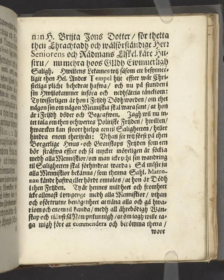 Bona fama, bonus odor ... Vthi een christeligh lijkpredikan vthöfwer ... rådmansens Hr Jacob Barckmans ... hustru ... H. Britta Jonsdotter ... förklarat aff Nicolao Rudbeckio ... Tryckt i Stockholm, aff Ignatio Meurer ... 1669.
