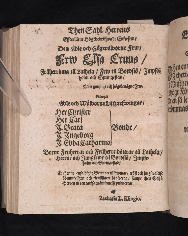 Corona sapientiæ, thet är wijsshetennes krona, medh een kort förklaring ... förfärdigat och vthi ... Christer Bondes ... begraffning ... framstelt aff Zachario L. Klingio ... Stockholm, tryckt hoos Ignatium Meurer ... anno MDCLXIII.