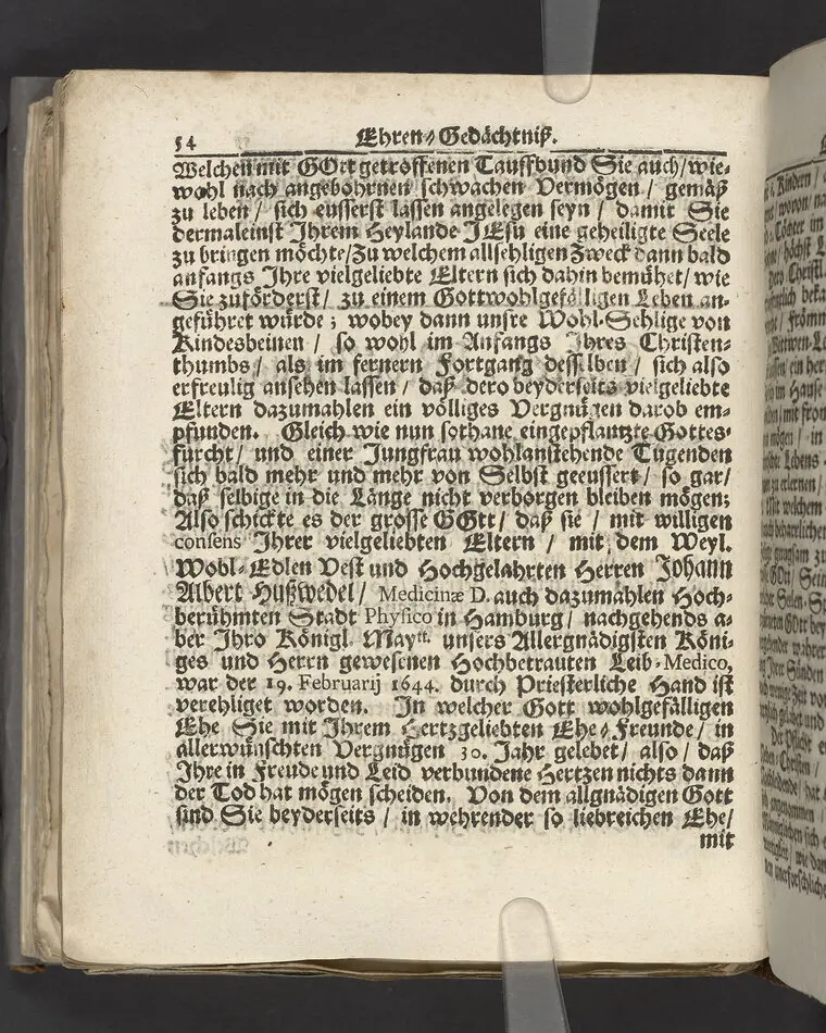 Die christruhmlichste Zufriedenheit, bey hoch-adelicher Beerdigung, an der ... Fr. Catharina Ebelings, des ... Hrn. Johann Albert Huswedels ... Fr. Wittwen, welche im Jahr 1693 ... den 26 Septembr ... in der Soldenauischen Kirchen, zu ihrer Ruhe-Stätte gebracht worden ... Fürgestellet von M. Aegidio Strauchen ... Stockholm, gedruckt bey Johan Billingsley.