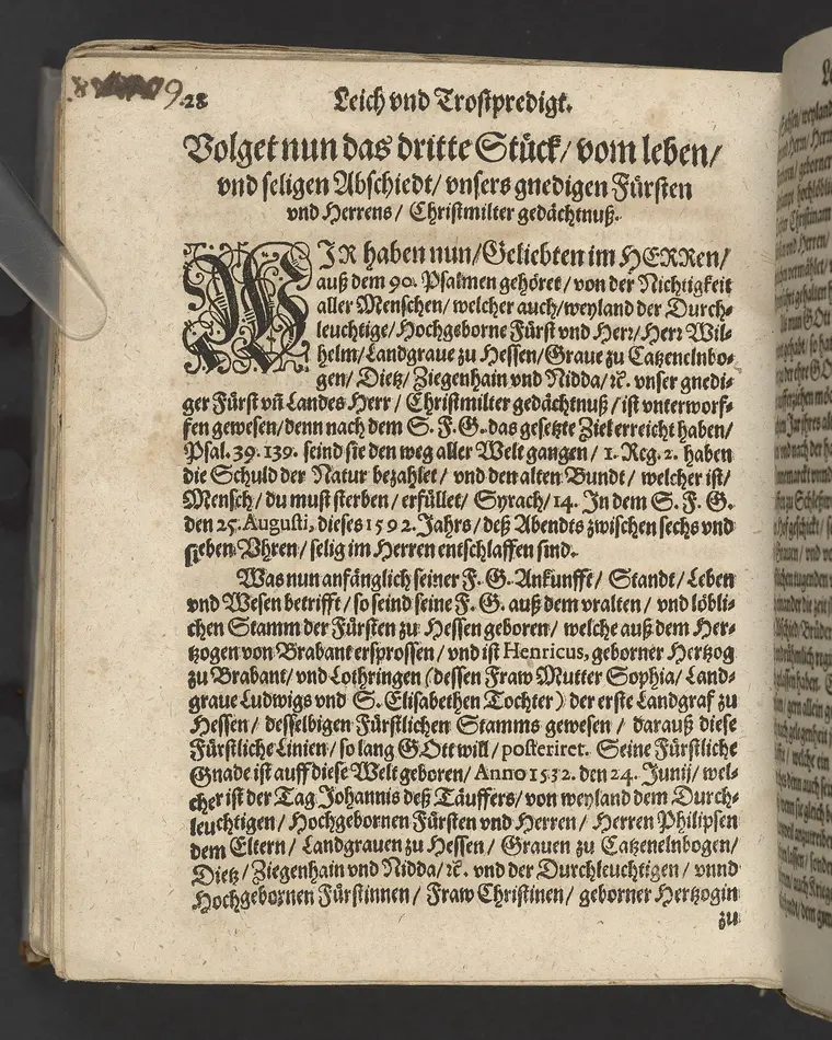 Ein Klagrede, über dem seligen und christlichen Abschied ... desz ... Herrn Wilhelens, Landgraffen zu Hessen, Graffen zu Catzenelnbogen ... anno 1592 ... Gehalten den 10. septembris in der Newenstatt zu Cassel, durch Johannem Strackium ... Gedruckt zu Marpurg, durch Paulum Egenolff, im Jahr, MDXCIII.