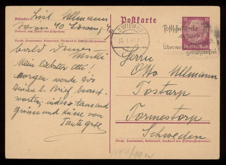 Brev från Elise Ullmann, Josef Ullmann och Grete Kollmann 1940-01-15