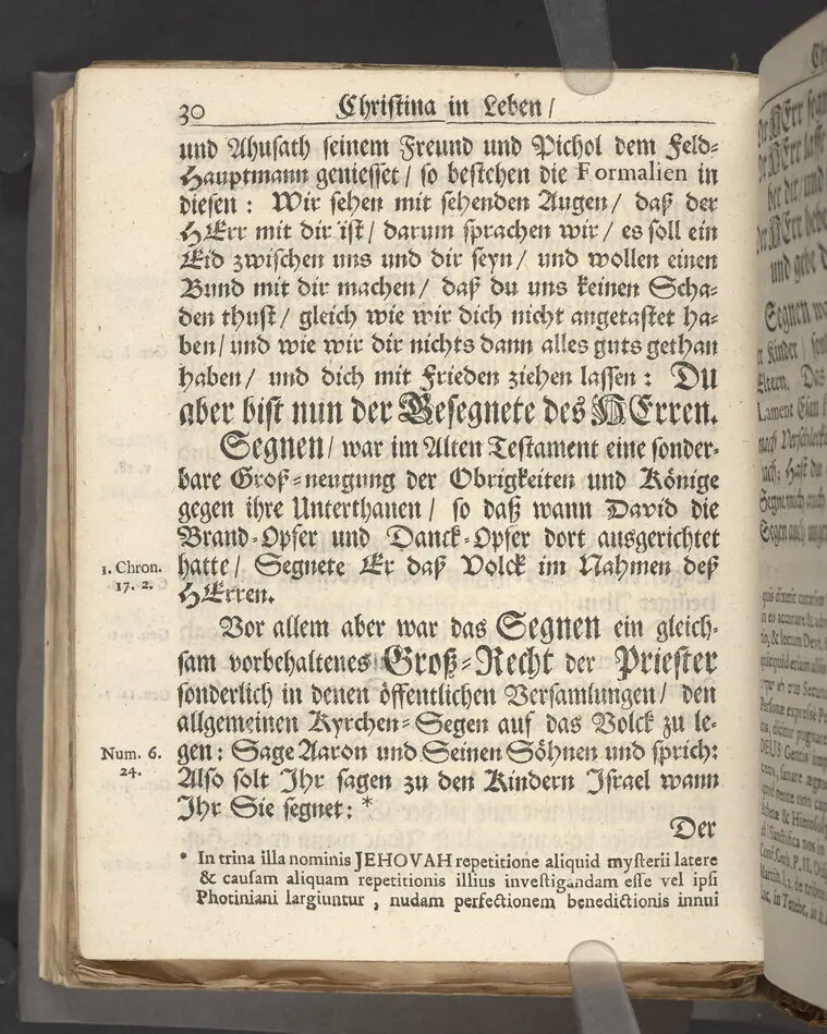 Christina in Leben/ Christina in Tod! Das ist Frühe doch lieb-volle Segen-Letze/ trauer-benehmende Trost-Letz/ und hoffnungs-volle Glaubens-Letze/ der weyland wohl-ehrbarn und gross-ehren tugendreichen Frauen Fr. Christina Grönin, gebornen Scharen-Bergin, desz wohl-ehren-vesten, grosz-achtbaren auch wohl-fürnehmen Herren Werner Gröns/ vornehmen Kauf-und Handels-Herren in hiesiger Königl. Residenz-Stadt Stockholm Herz-geschätzen Ehe-Gattin/ als deren verblichener Leichnam den 8 Maj-Monats, laufenden 1698-sten Heil-Jahrs, in Maria Magdalena Kyrch bey so wohl hoher/ als sonst ungemeiner Versamlung/ zur sanfften Erden-Ruh gebracht wurde/ zu inniger Trost-fasung vorgestellet von Johann Jacob Leibniz/ der h. Schrifft D. der löbl. Teutsschen Gemeine Past. und Consist. Assess. Stockholm/ Gedrucht bey Henrich Keysern/ J.K.Maejest: und der Acad. in Ups. Buchdrucker