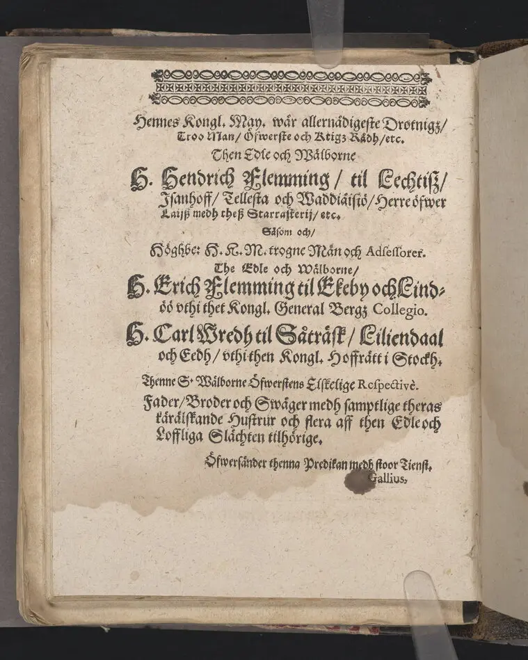 Lijkpredikan, tå ... then edle och wälborne herre, H. Johan Flemming til Lechtisz, Laijsz och Siöndaal, etc. effter ett christeligit affsteed ifrån thenna werlden den 29 Junij åhr 1646. medh waanligh, ädeligh procesz, vthi sitt, aff sigh sielfwo i wälmachtene tilberedda graffställe i Stockholm på Östermalmen vthi S. Jacobs kyrckio den 14. Julij på samma åhr,, [sic!] nedersatt bleff, hållen aff ... Stephano Gallio ..